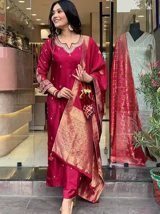 Wedding Kurta Set for Women | Heavy Chanderi Silk Kurti Set with Dupatta & Pants