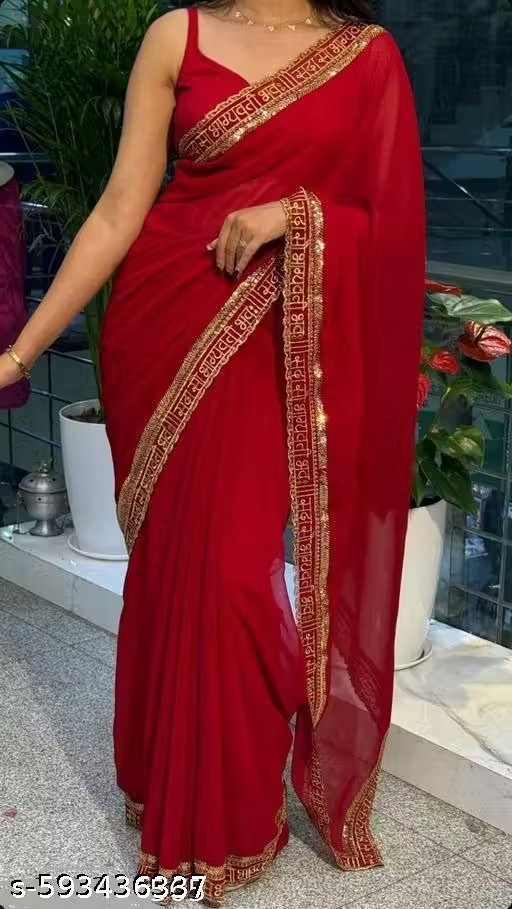 New Karva Chauth Special Red Colour Embrodery Sequins Work Sada Shobhagyavti Georgette Saree With Blouse