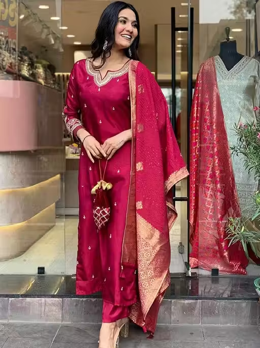 Wedding Kurta Set for Women | Heavy Chanderi Silk Kurti Set with Dupatta & Pants