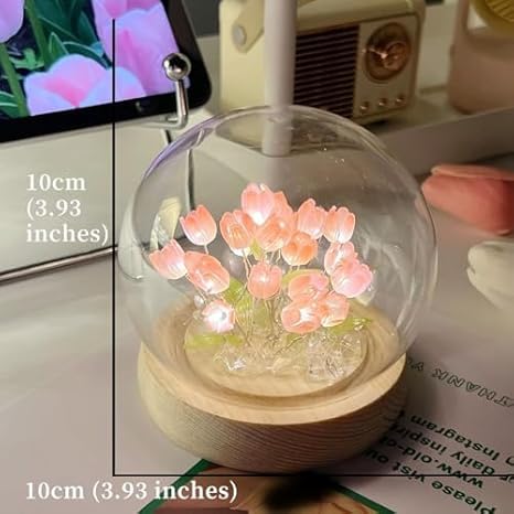 One94Store Tulip LED Night Light, Crystal Ball Table Lamp, Decorative Artificial Flowers, Soft Glow Glass, Living Room Lights, Ideal for Birthday & Gifts - 8 cm, Pink