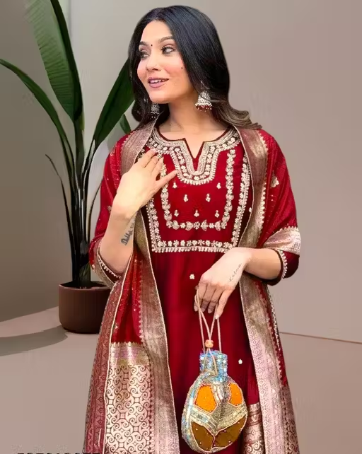 Wedding Kurta Set for Women | Heavy Chanderi Silk Kurti Set with Dupatta & Bottomwear