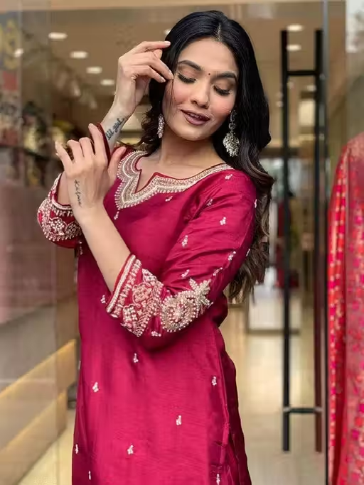 Wedding Kurta Set for Women | Heavy Chanderi Silk Kurti Set with Dupatta & Pants
