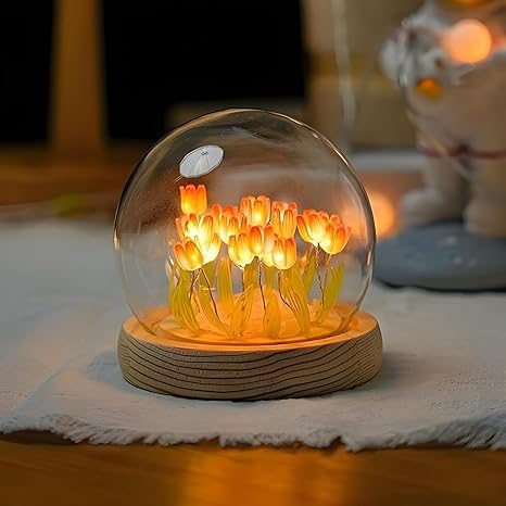 One94Store Tulip LED Night Light, Crystal Ball Table Lamp, Decorative Artificial Flowers, Soft Glow Glass, Living Room Lights, Ideal for Birthday & Gifts - 8 cm, Pink