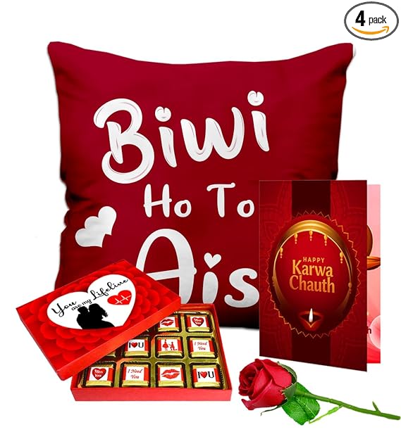 Midiron Romantic Karva Chauth Gifts, Best Karwachauth Gift Combo for Wife/Bhabhi/Womens (Chocolate Box With Greeting Card, Artificial Rose, Quote Printed Cushion Gift For Wife, Special One)