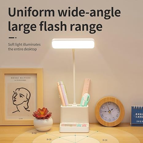 Niwlix Desk Light Lamp LED Plastic White Study Table Lamp College Dorm Room Lighting for Computer Keyboard Desktop Task with Pen Phone Holder for Kids Teens Mini Gooseneck
