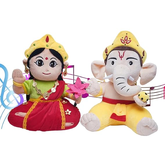 Panda's Box Mantra Chanting Baby Ganesha & Devi Lakshmi (Pack of 2, 28 CM) | Musical Soft Plush Toys | Best Gifts for Infants, Toddlers & Babies