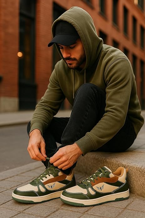 Sneakers, Green and Beige, Suede Accent, Retro Style Sports Shoes