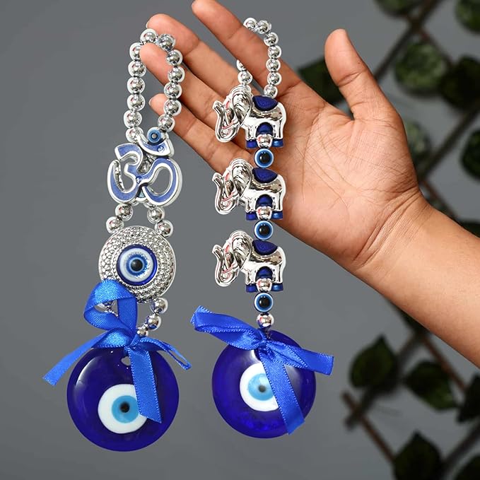 Elephant Blue Evil Eye Feng Shui Hanging for Home Entrance Wall Door Car Dashboard Pendant Ornament Office Good Luck and Prosperity Decorative Gift Items (17.7 cm)