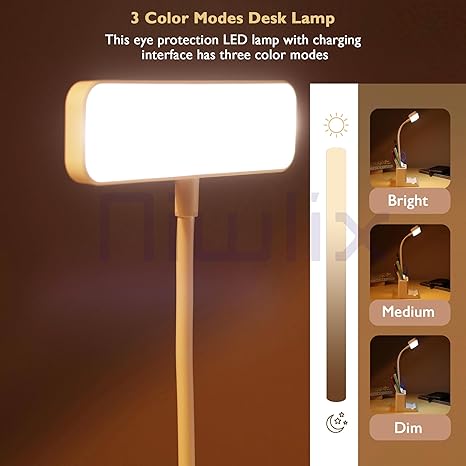 Niwlix Desk Light Lamp LED Plastic White Study Table Lamp College Dorm Room Lighting for Computer Keyboard Desktop Task with Pen Phone Holder for Kids Teens Mini Gooseneck