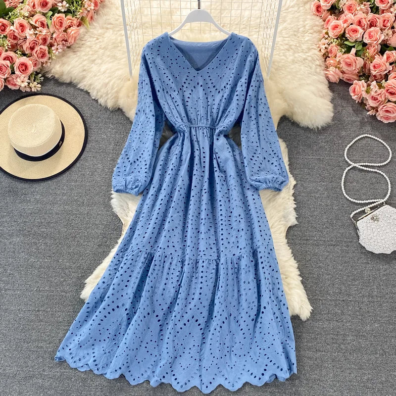 New Korean Chic Solid Color Hollow Out Embroidery Dress Long Sleeve V Neck Dresses Clothing Wholesale