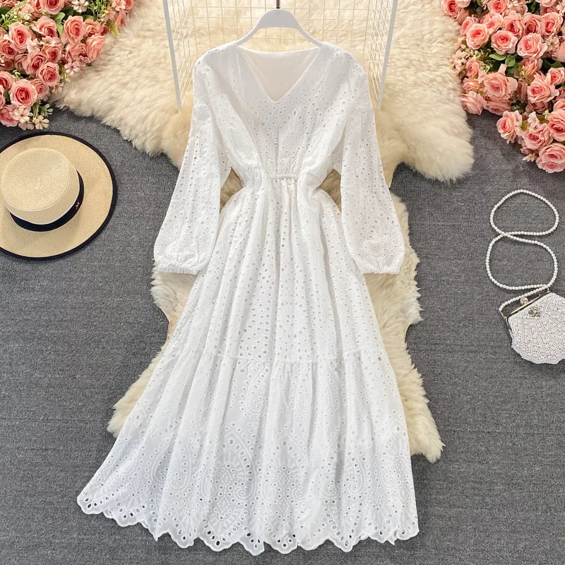 New Korean Chic Solid Color Hollow Out Embroidery Dress Long Sleeve V Neck Dresses Clothing Wholesale