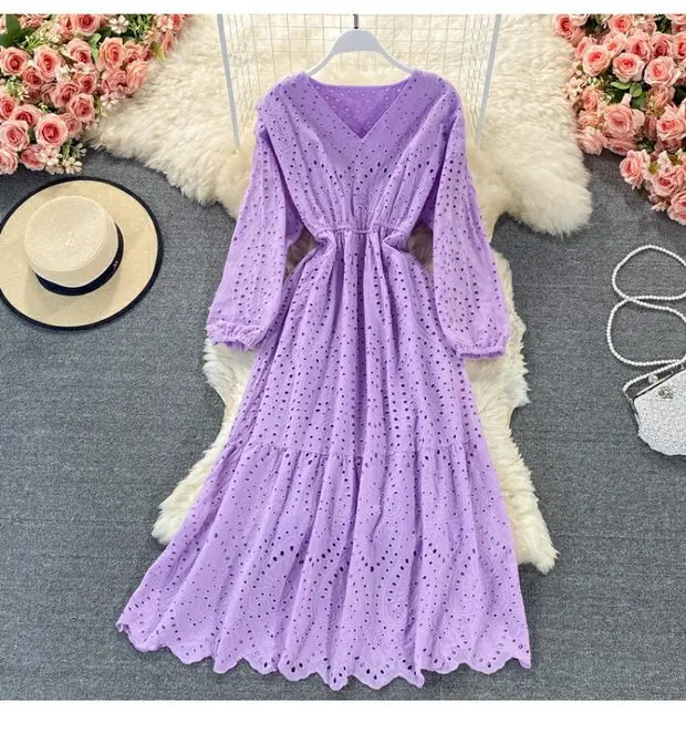 New Korean Chic Solid Color Hollow Out Embroidery Dress Long Sleeve V Neck Dresses Clothing Wholesale