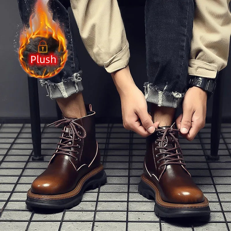 New Men's Boots Cowhide Casual Large Shoes High Top Outdoor Work Boots