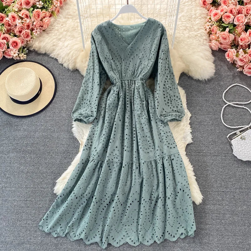 New Korean Chic Solid Color Hollow Out Embroidery Dress Long Sleeve V Neck Dresses Clothing Wholesale