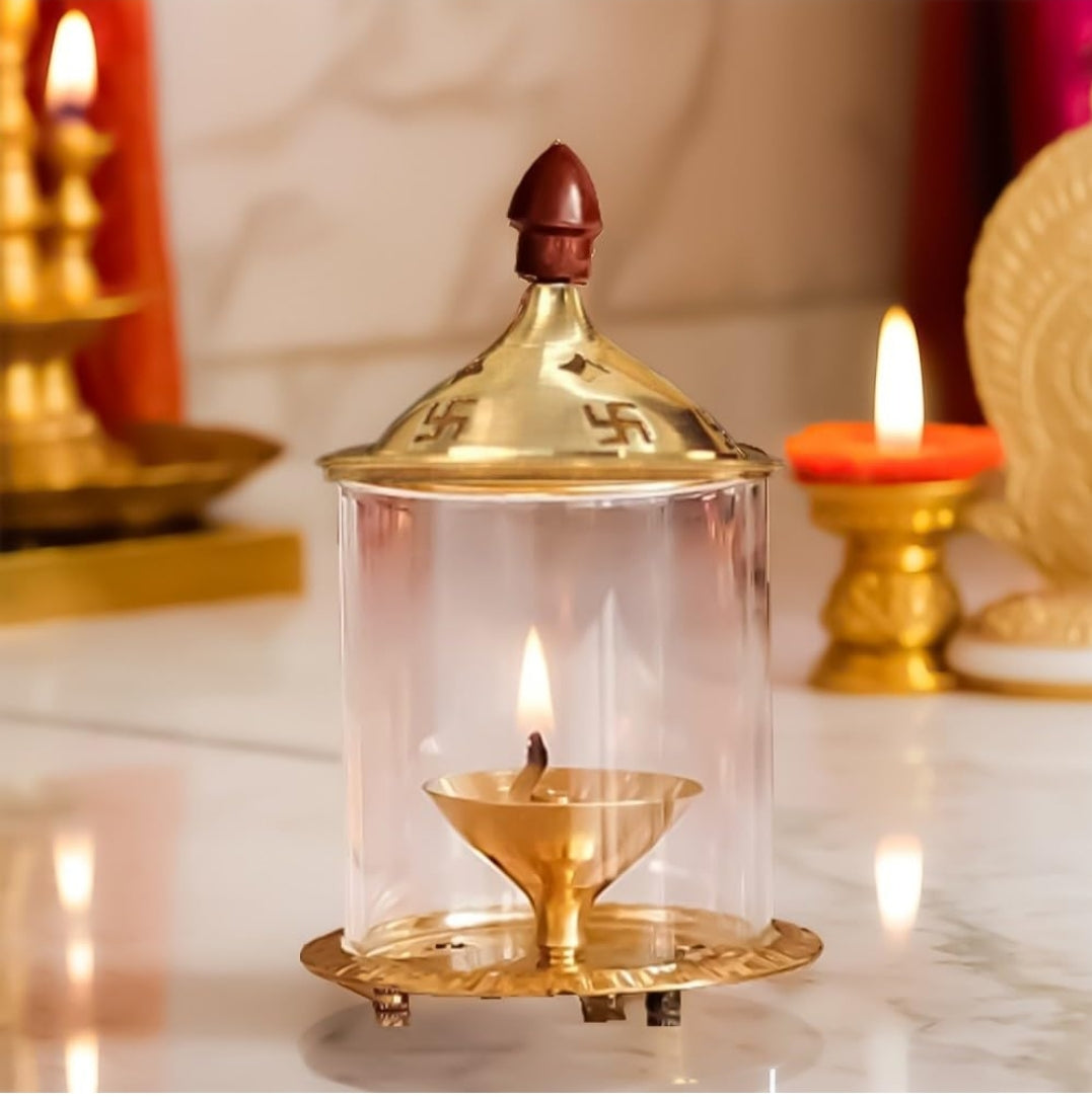 Heaven Decor Brass and Glass akhand deep Diya with Cover for Puja | Deepam Jyot Diya Oil Lamp | Pooja Articles and Pooja Items for Home Temple 4.8 inch