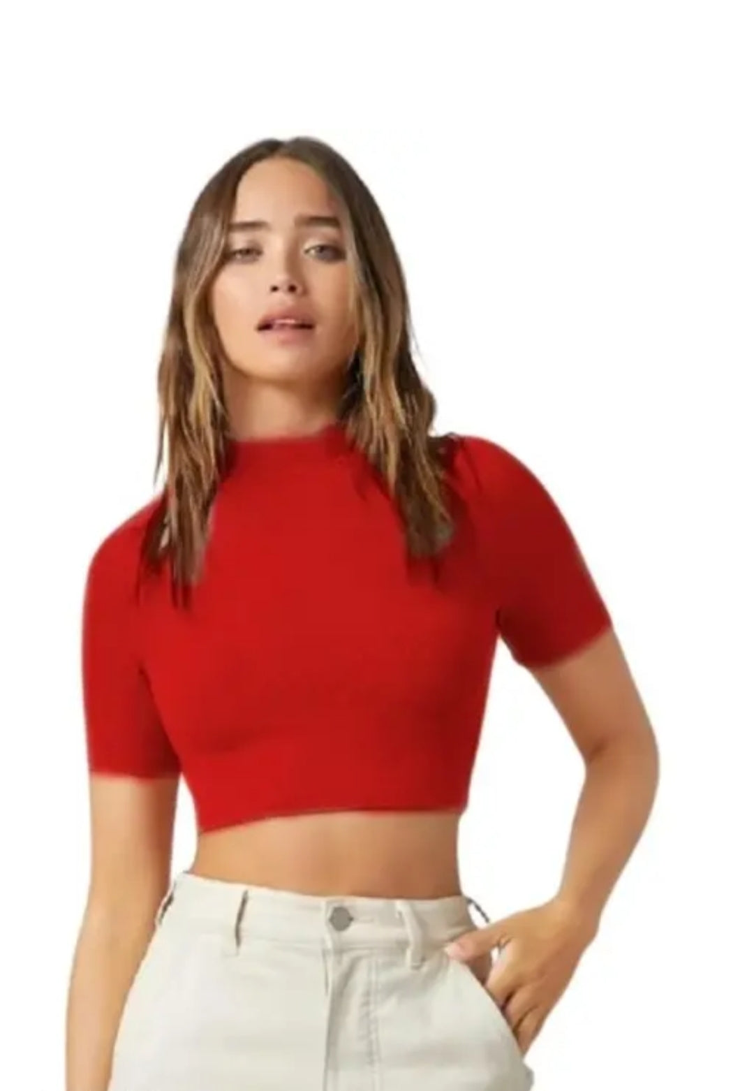 Casual solid short sleeves hosiery Hike neck peach crop top