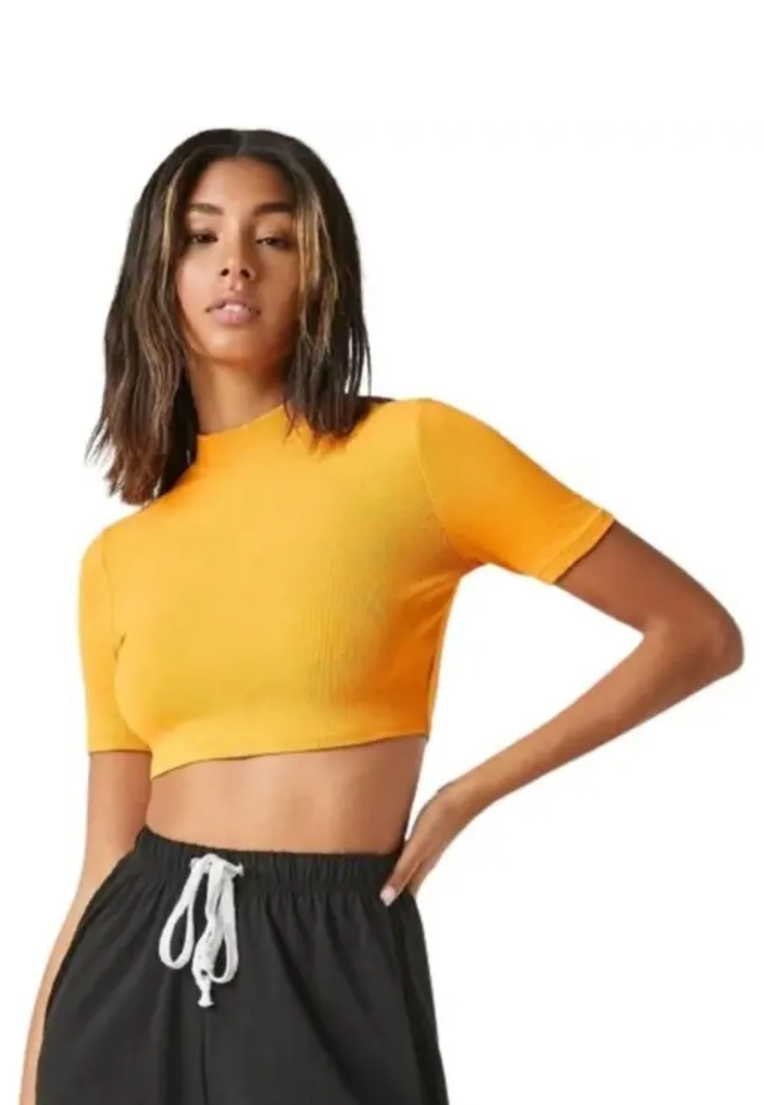 Casual solid short sleeves hosiery Hike neck peach crop top