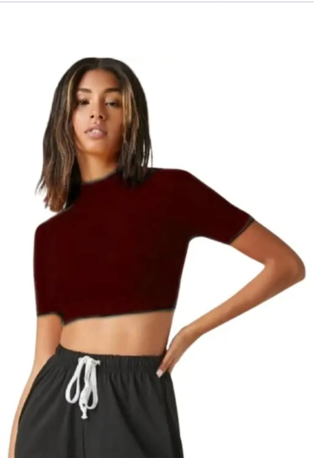 Casual solid short sleeves hosiery Hike neck peach crop top