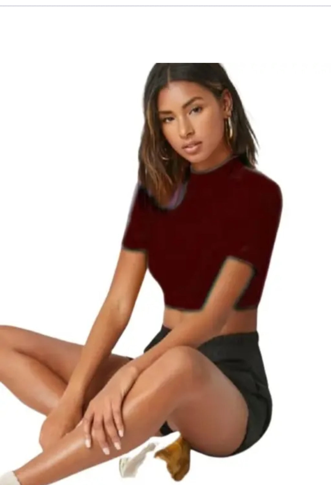 Casual solid short sleeves hosiery Hike neck peach crop top