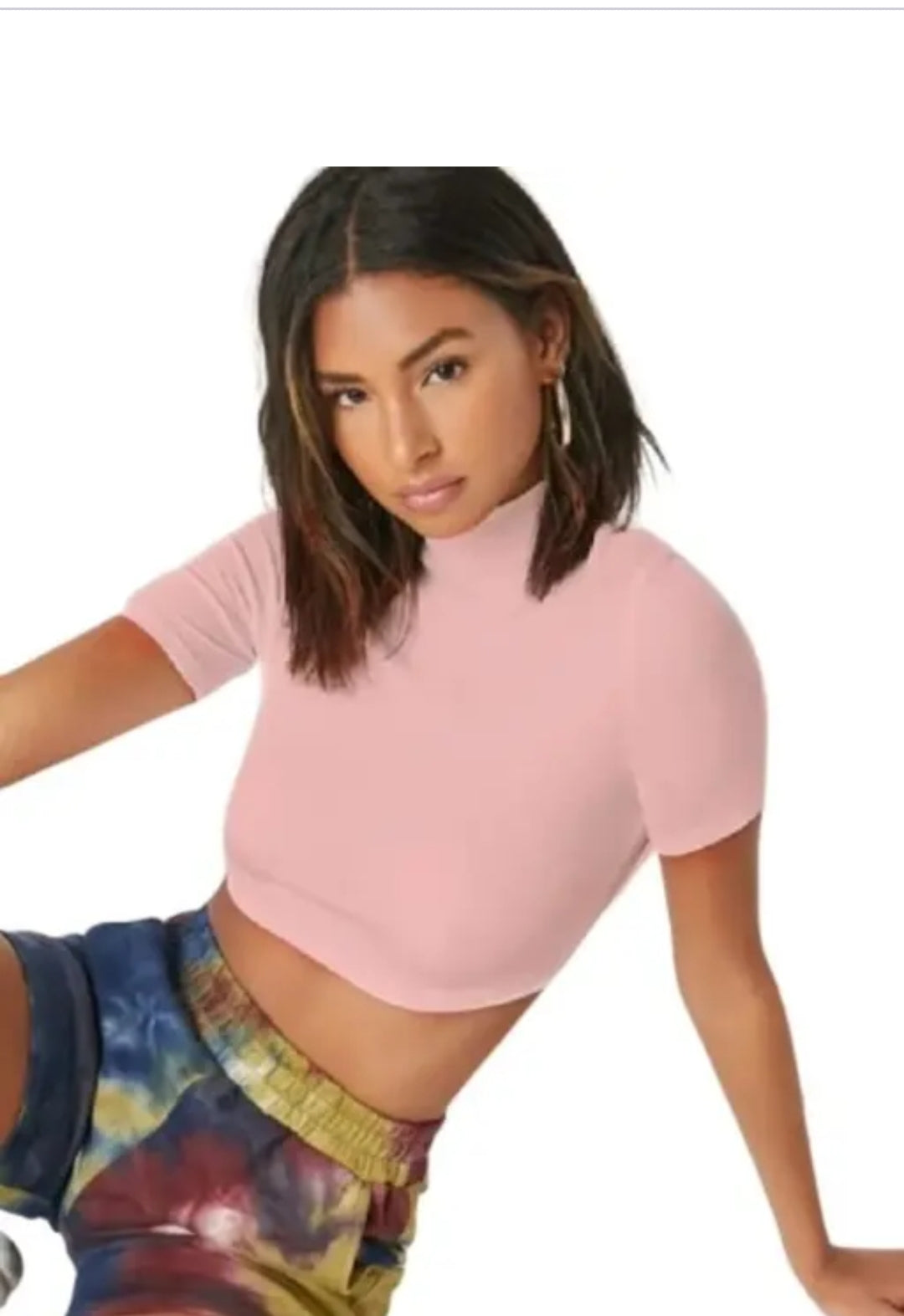 Casual solid short sleeves hosiery Hike neck peach crop top