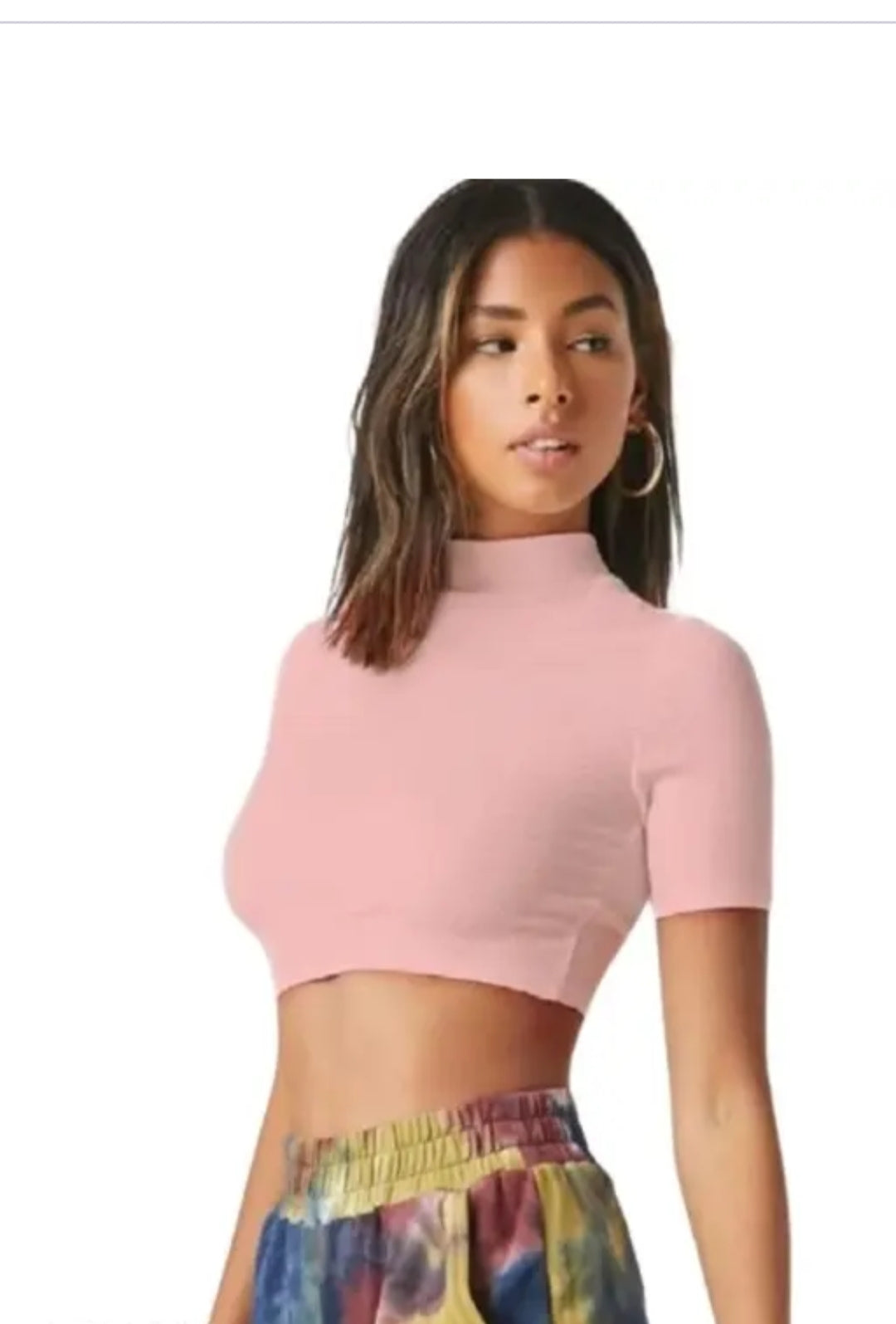 Casual solid short sleeves hosiery Hike neck peach crop top
