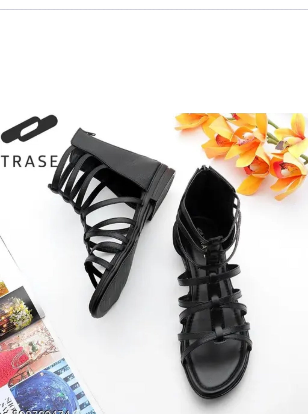 Women's Fashion Sandals | Flat Gladiator Sandals with Zip Closure for Girls | Trendy & Stylish for Formal & Casual Occasions (46066, Black)