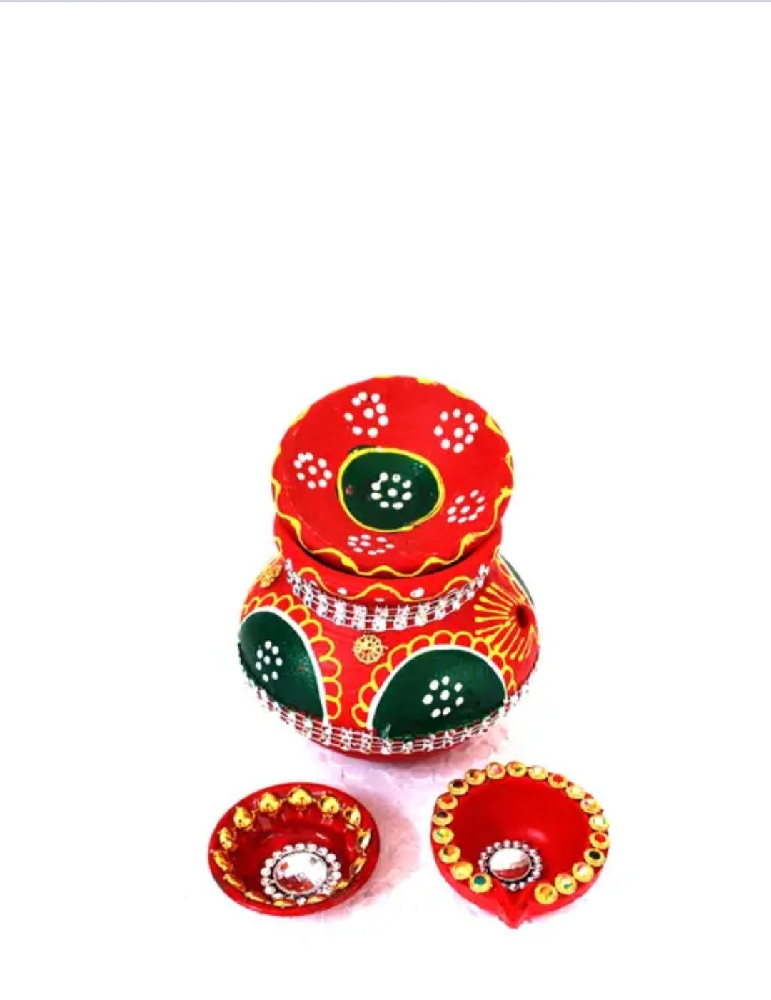 Bossify Clay Karwa Set |Terracotta Kalash | Mitti Karwa | Karwachauth Pooja Set Earthenware (3 Pieces, Multicolor)