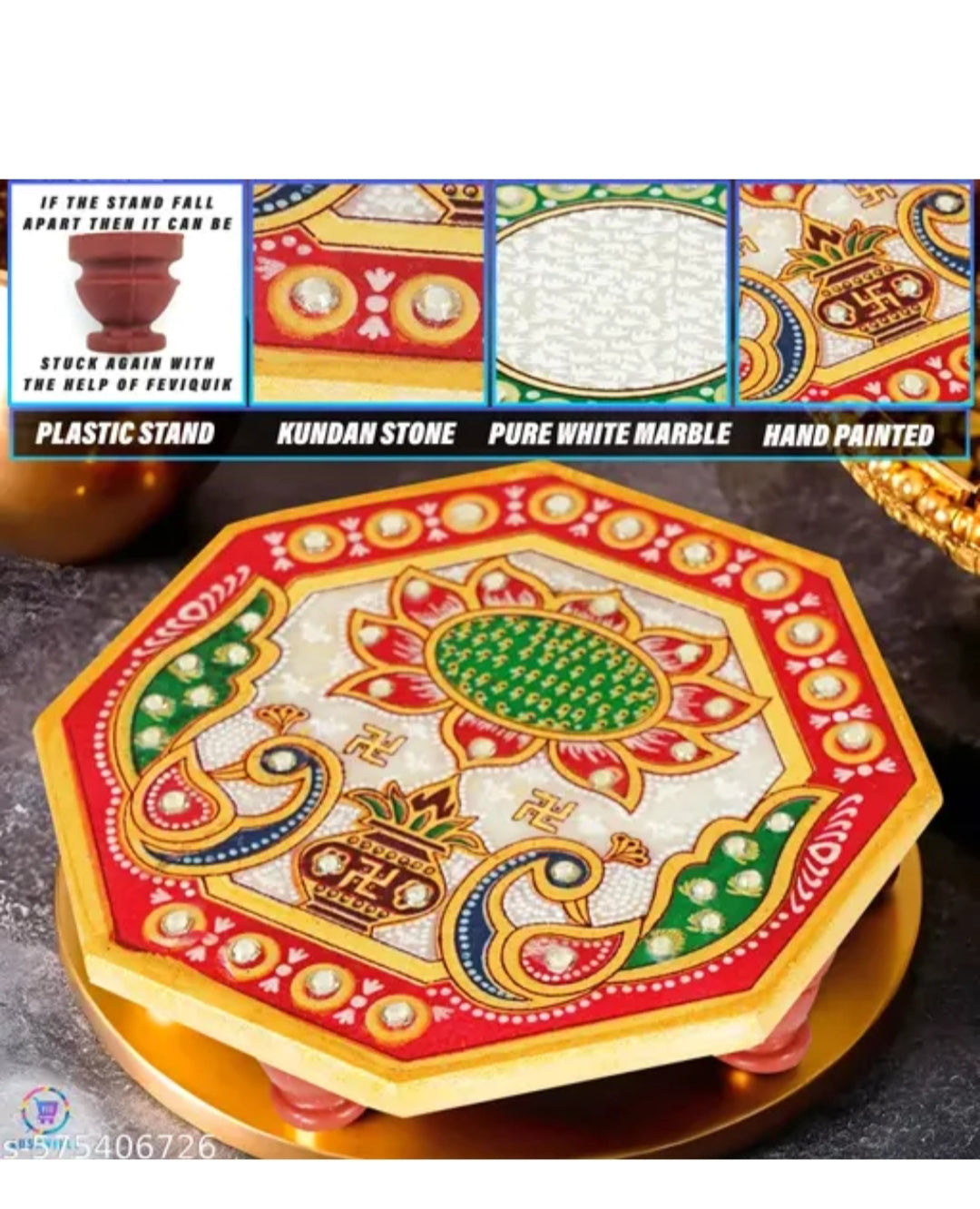 Pack of 5 Floral‑Design Marble Chowkis (4″×4″ & 6″×6″) with Intricate Inlay Work – Elegant Pooja/Decor