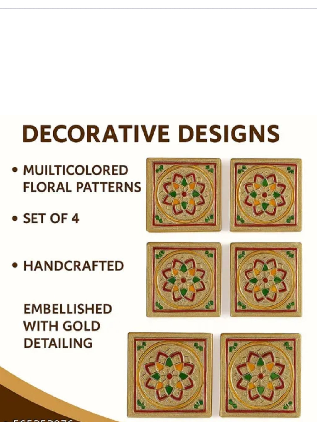 Handicraft 3/3 Flower Design Wooden Chowki Set – 4 Piece Decorative Bajot/Patla for Pooja, Home Décor, Gift Purpose (Flower, Kalash, Swastik Design