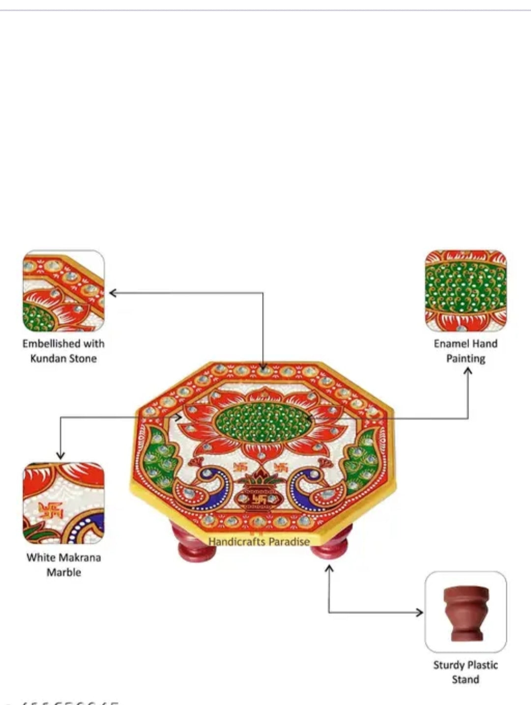 Marble Pooja Chowki peacock design for Ganesh Ji | Handcrafted handpainted puja Chowki for God Mandir, Idols Sitting, Pratima Murti, Bajot, Mandir decoration (Pack of 4)