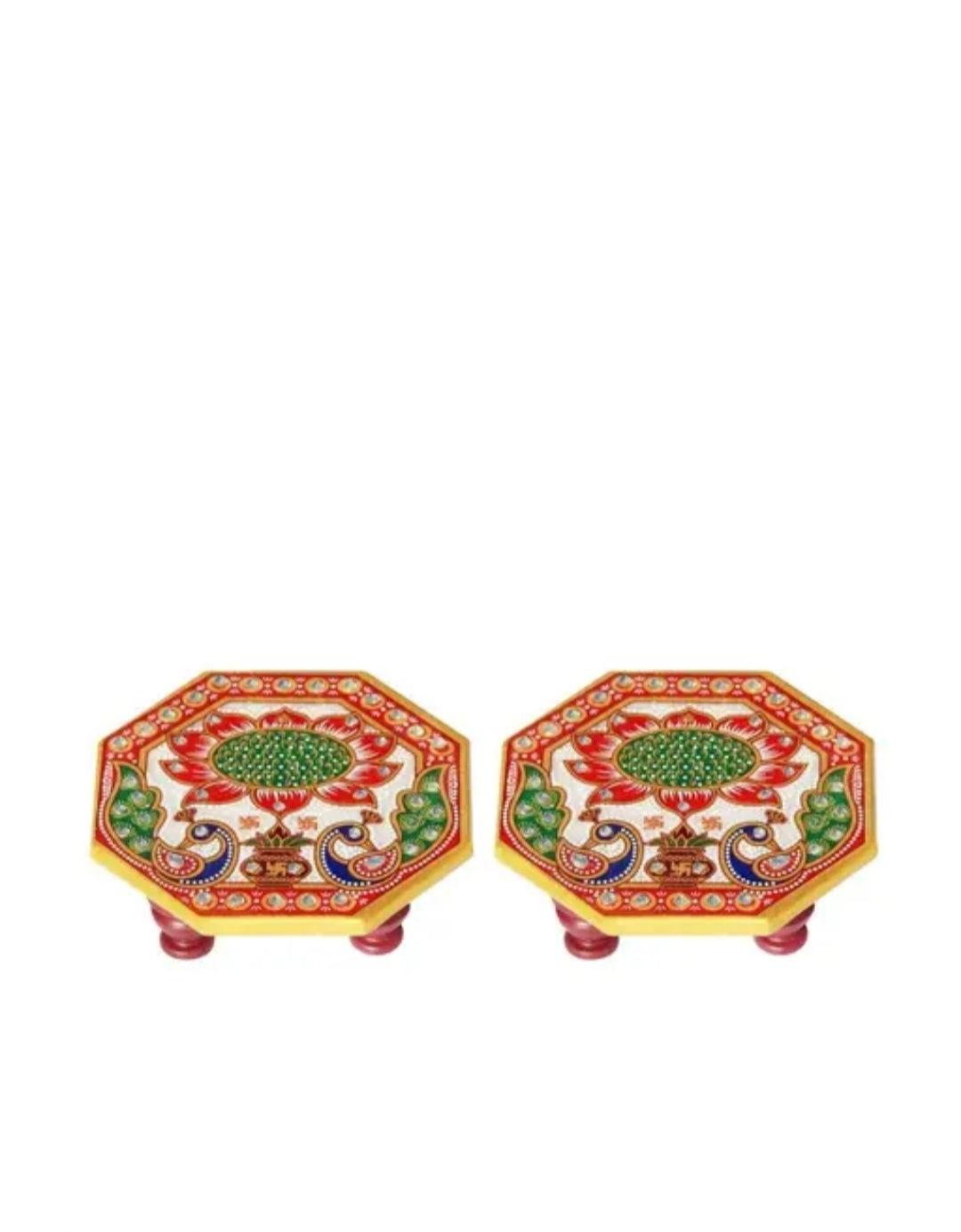 Marble Pooja Chowki peacock design for Ganesh Ji | Handcrafted handpainted puja Chowki for God Mandir, Idols Sitting, Pratima Murti, Bajot, Mandir decoration (Pack of 4)