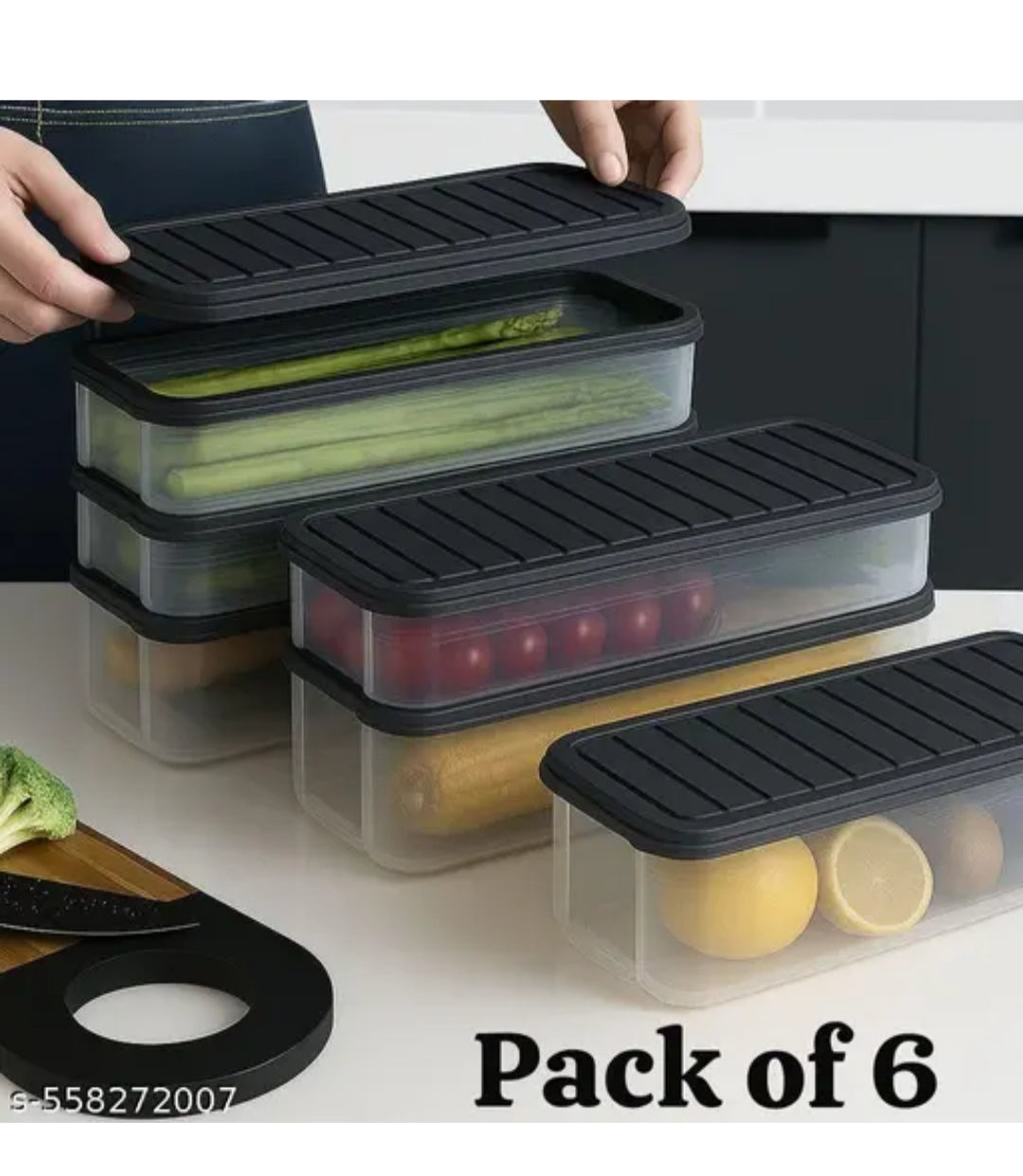 (SET OF 6) ridge Storage Boxes Fridge Organizer with Removable Drain Plate and Lid Stackable Fridge Storage Containers Plastic Freezer Storage Containers for Fish, Meat, Vegetables, Fruits (Grey, transparent)