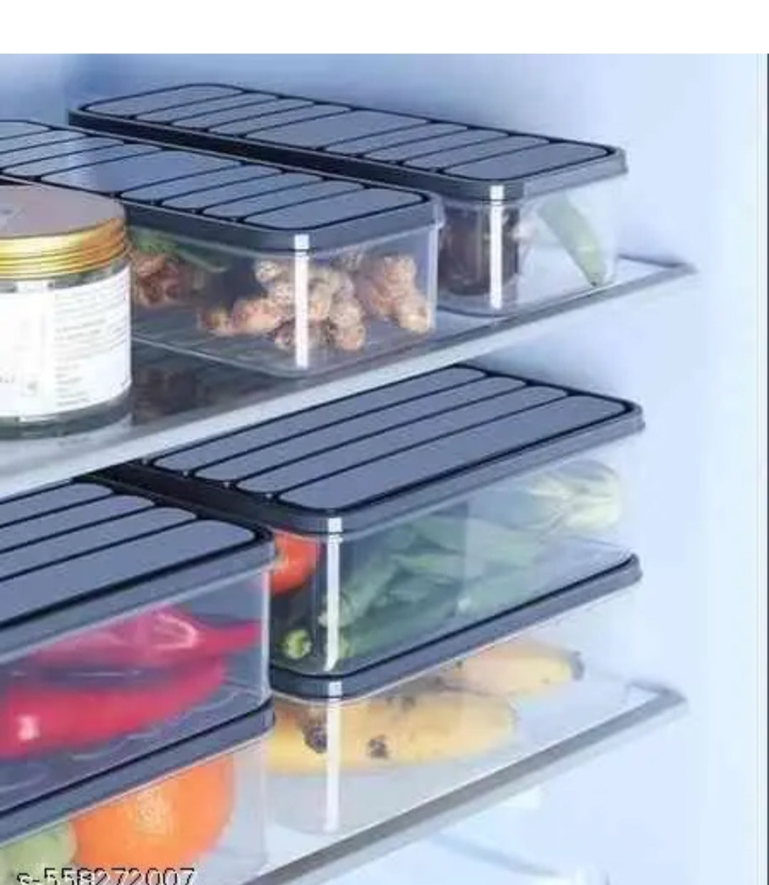 (SET OF 6) ridge Storage Boxes Fridge Organizer with Removable Drain Plate and Lid Stackable Fridge Storage Containers Plastic Freezer Storage Containers for Fish, Meat, Vegetables, Fruits (Grey, transparent)