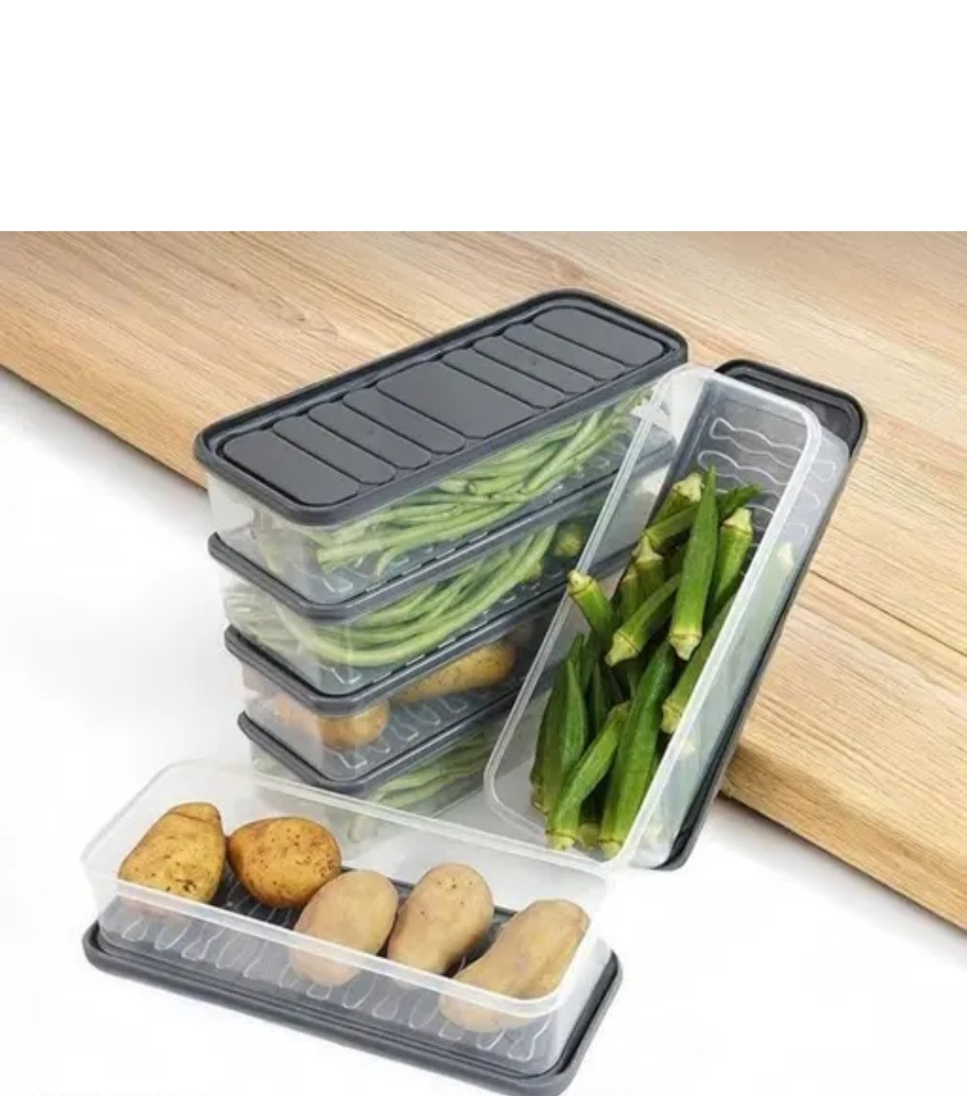 (SET OF 6) ridge Storage Boxes Fridge Organizer with Removable Drain Plate and Lid Stackable Fridge Storage Containers Plastic Freezer Storage Containers for Fish, Meat, Vegetables, Fruits (Grey, transparent)