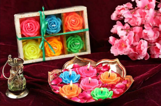 Set of 6 Floating Wax Flower Diyas – Smokeless, Dripless & Long-Lasting