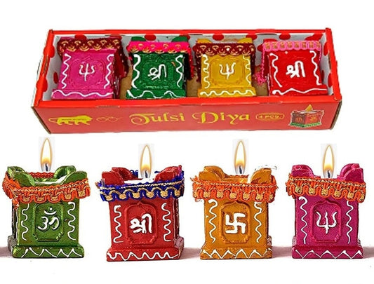 Set of 4 Hand-Painted Clay & Terracotta Tulsi Diya Candles (Multicolour)