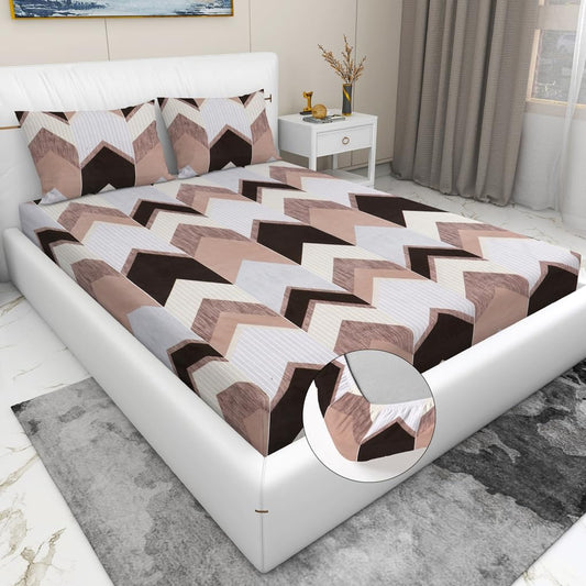 Cotton Elastic King Bedsheet with 2 Pillow Covers - White-Grey & Black, 160 TC