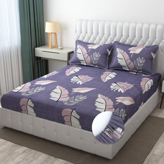 Cotton Elastic King Bedsheet with 2 Pillow Covers – (Leaves-Purple), 160 TC