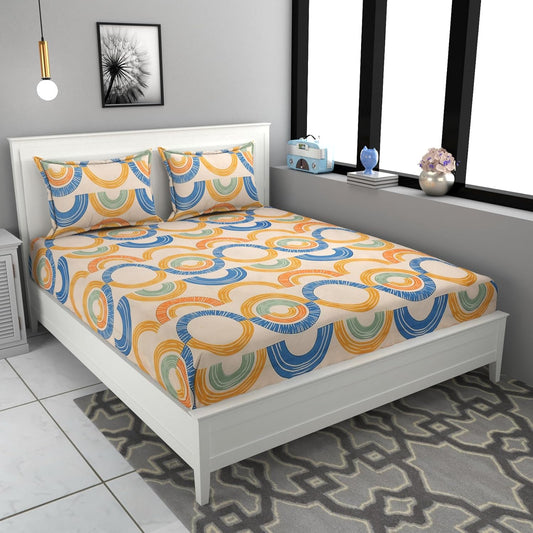 Cotton Elastic King Bedsheet with 2 Pillow Covers – Orange & Blue, 160 TC