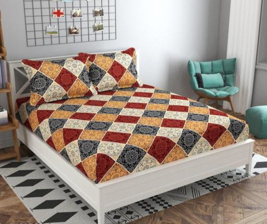 Glace Cotton Double Fitted Bedsheet with Elastic & 2 Pillow Covers – Super Soft Comfort (72x78x8)