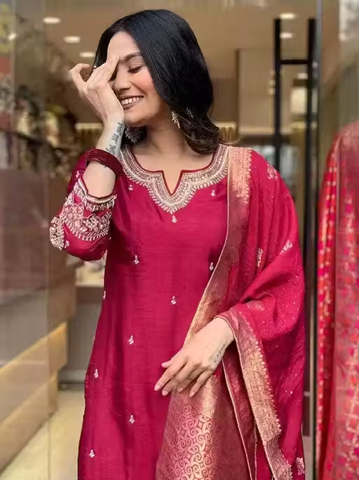 Wedding Kurta Set for Women | Heavy Chanderi Silk Kurti Set with Dupatta & Pants