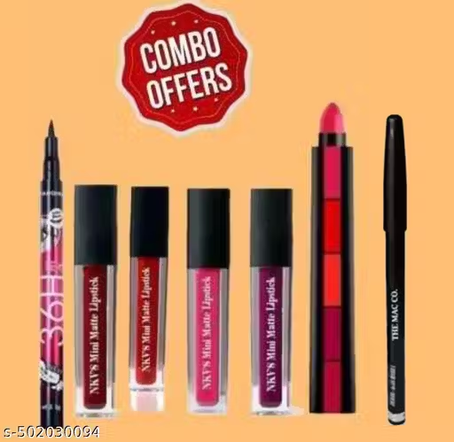 Premium Makeup Combo – Red Edition Lipstick (1 pc), 36H Waterproof Eyeliner Pencil (1 pc), 5-in-1 Red Edition Lipstick Set & Kajal (1 pc)