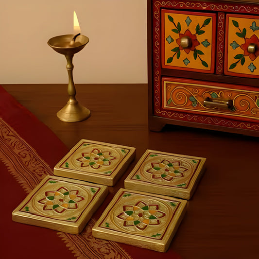 Handicraft 3/3 Flower Design Wooden Chowki Set – 4 Piece Decorative Bajot/Patla