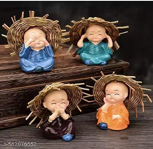 Baby Monk Buddha Set of 4- Monk Buddha Statue Showpiece, Diwali Decoration Items Buddha for Table Decor Living Room Home Car Dashboard Diwali Decorative Items