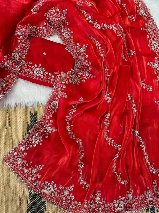 Tranding Fancy Embroidered Saree With Blouse and Cut Work | Women's Shimmer Zimmychoo Embroidery Saree With Unstitched Blouse Piece