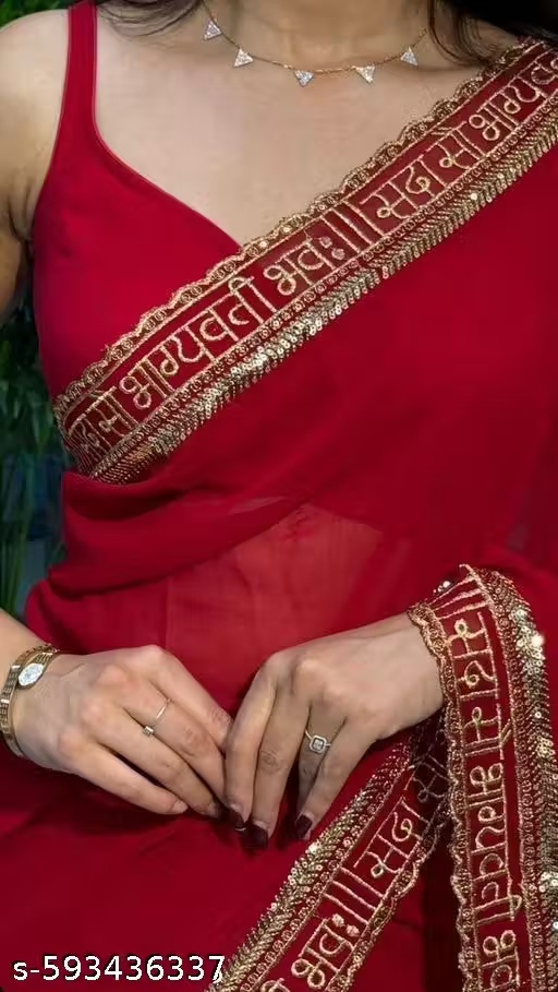 New Karva Chauth Special Red Colour Embrodery Sequins Work Sada Shobhagyavti Georgette Saree With Blouse