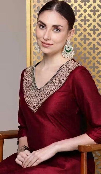 Women Sequence Design Straight Kurta with Palazzo – Maroon | AGANVI