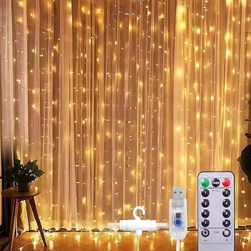 Plastic Fairy Curtain String Lights – Warm White 300 LEDs, USB Powered, 8 Flash Modes with Remote, 3x3 Meter Backdrop Lights