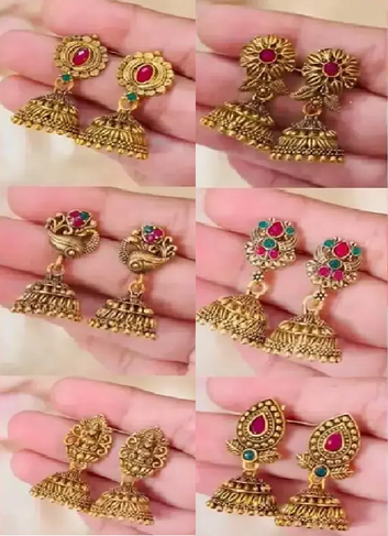 Premium Gold Plated Brass Fancy Earrings – Set of 6 Elegant Daily & Party Wear Jhumkhas
