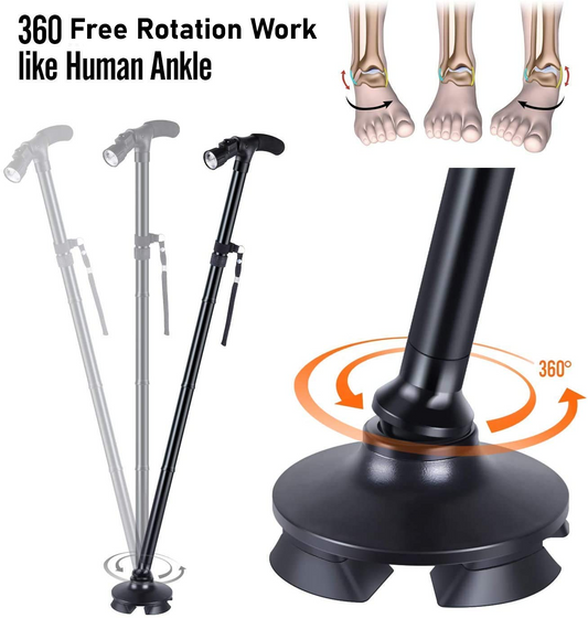 Collapsible Walking Stick with LED Torch & 360° Rotating Base